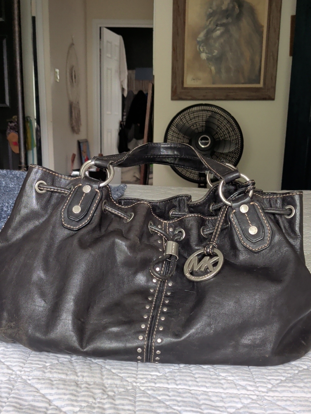 Michael Kors Black Leather Shoulder Bag with MK Charm